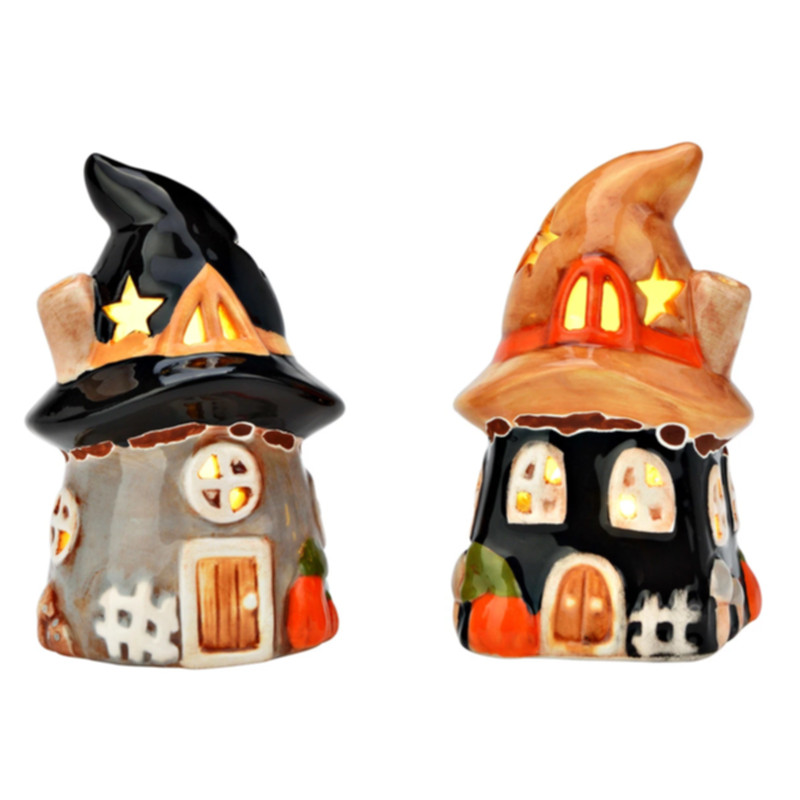 Preview: LED Hexenhaus Halloween aus Keramik B6 H10 T6 cm Orange Schwarz sotiert