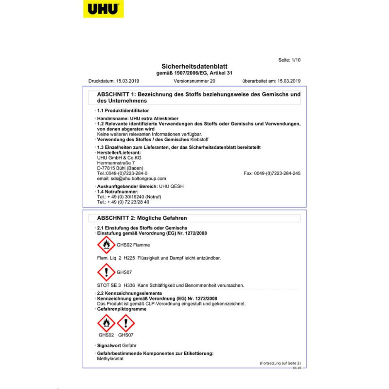 Preview: UHU Alleskleber extra gel 125g Sicherheitsdatenblatt