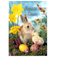 Oster-Postkarte Hase mit Kücken und Blumen