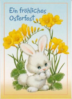 Oster-Postkarte Hase im Blumenbeet