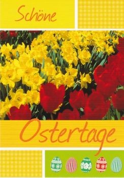 Oster-Postkarte mit rot-gelben Blumen