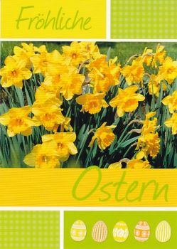 Oster-Postkarte Hase mit Gelben BlumenOster-Postkarte mit gelben Blumen