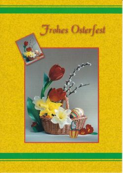 Oster-Postkarte Kücken mit Blumen und Oster-Eier