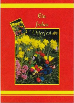 Oster-Postkarte Kücken mit Blumenstrauß