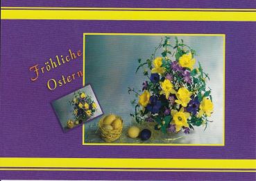Oster-Postkarte Kücken mit Eier-Wagen