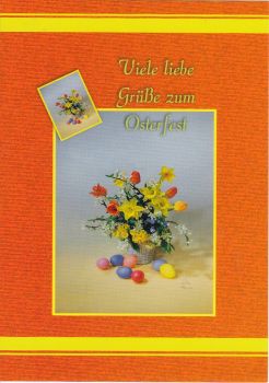 Oster-Postkarte mit orange-gelben Blumen