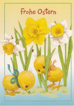Oster-Postkarte Kücken mit Blumen