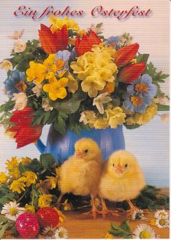 Oster-Postkarte Kücken mit Blumenstrauß