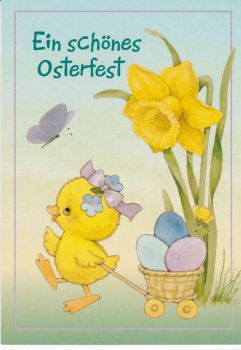 Oster-Postkarte Kücken mit Eier-Wagen