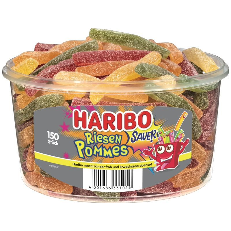 Haribo Riesen Pommes Dose 150 Stück Große Fruchtgummi Pommes im praktischen Vorratsbehälter