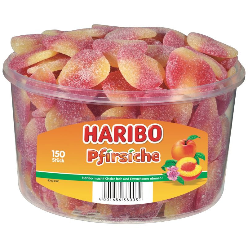 Haribo Pfirsiche Dose 150 Stück Weiche Fruchtgummi Pfirsiche im praktischen Vorratsbehälter