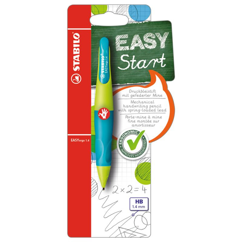 Ergonomischer Druck-Bleistift für Rechtshänder - STABILO EASYergo 1.4 in neonlimonengrün/aquamarin - Einzelstift - inklusive 3 dünner Minen - Härtegrad HB