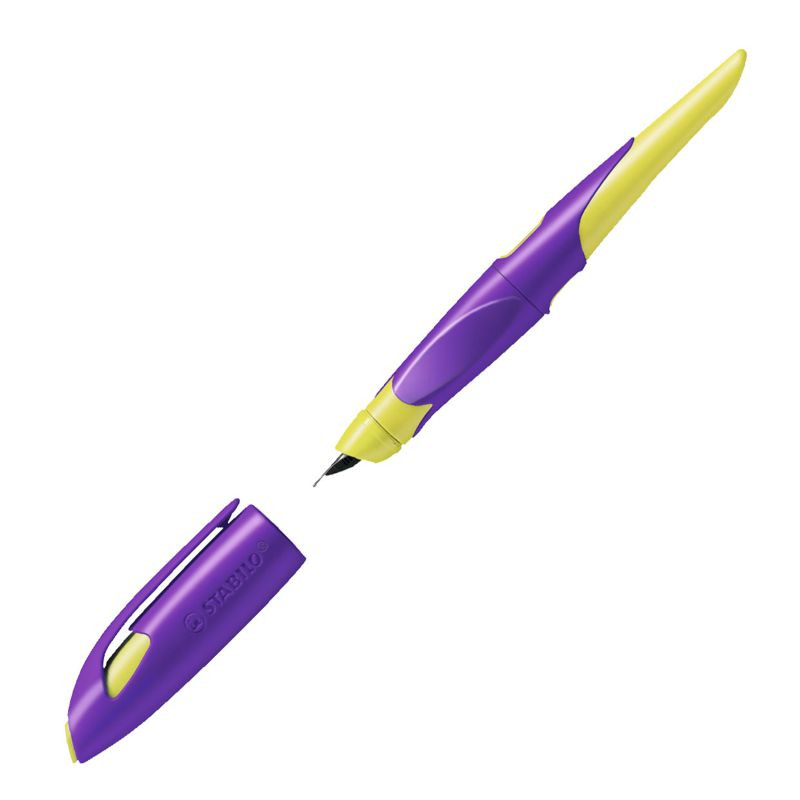 Ergonomischer Schulfüller für Rechtshänder mit Standard-Feder M - STABILO EASYbirdy in violett/gelb - Einzelstift - inklusive Patrone und Einstellwerkzeug - Schreibfarbe blau (löschbar)