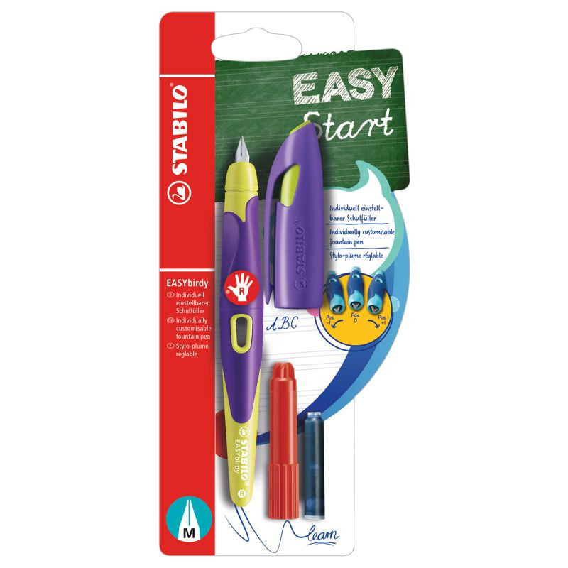 Ergonomischer Schulfüller für Rechtshänder mit Standard-Feder M - STABILO EASYbirdy in violett/gelb - Einzelstift - inklusive Patrone und Einstellwerkzeug - Schreibfarbe blau (löschbar)