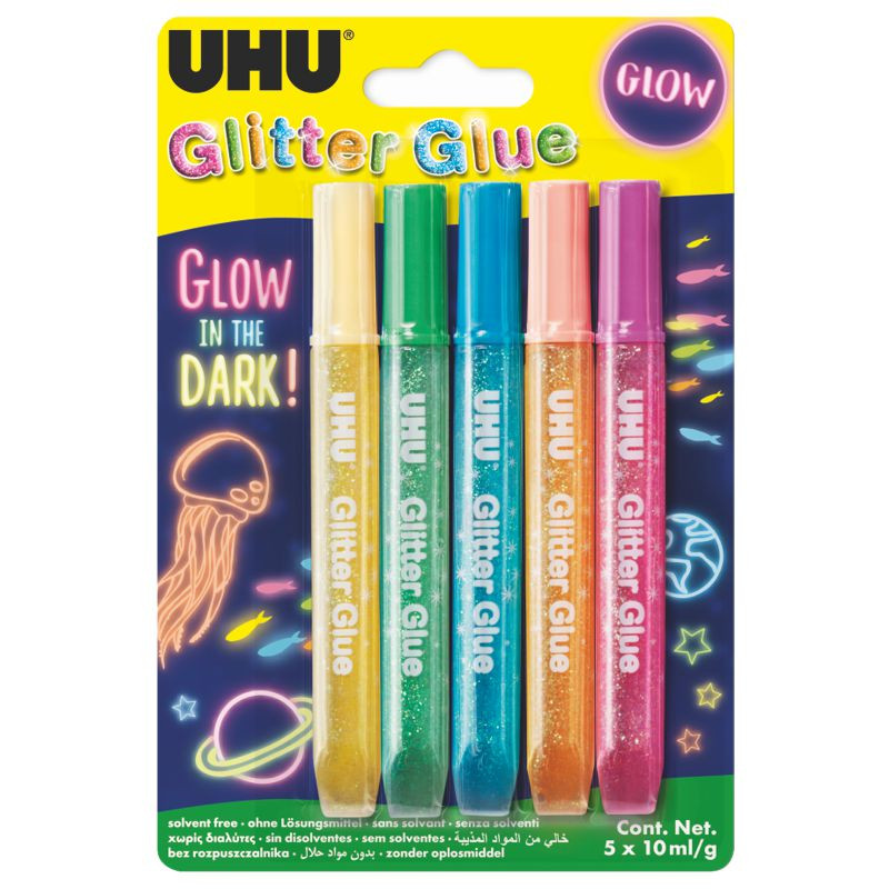 UHU Glitzerkleber Glitter Glue Glow in the Dark 5 x 10ml