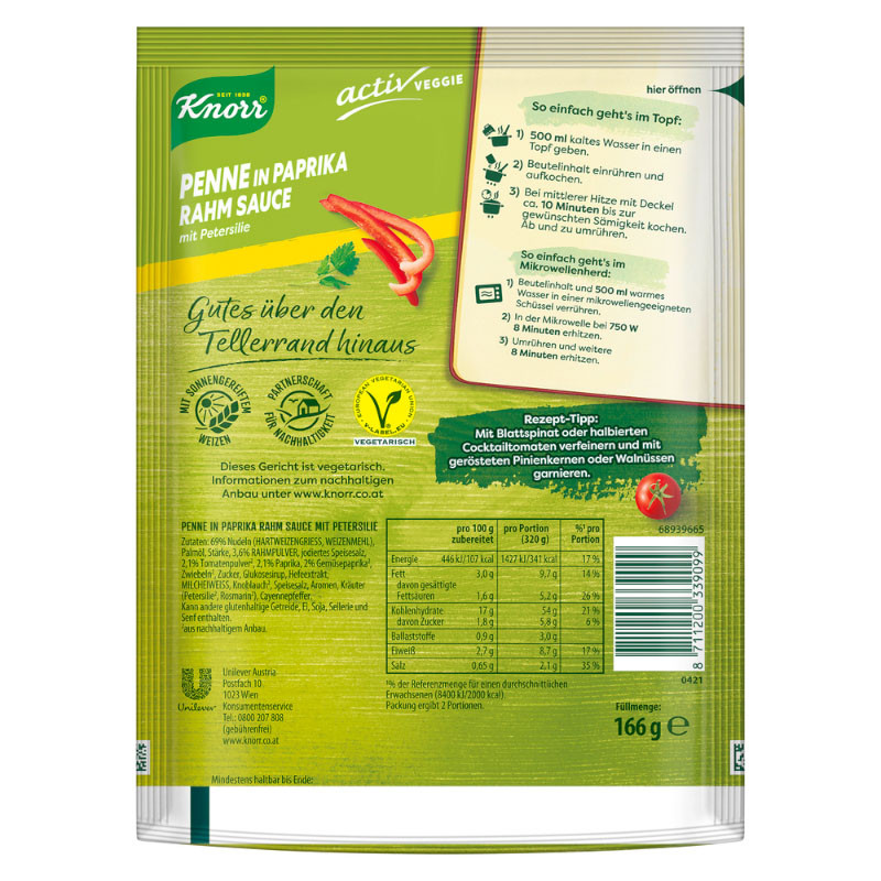 Knorr Activ Veggie Penne in Paprika Rahm Sauce – Cremig und voll im Geschmack!