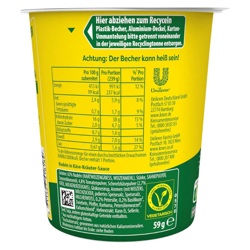 Knorr Pasta Snack Pot Käse & Kräuter 1 Portion – Cremig und aromatisch