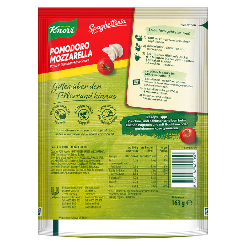 Knorr Spaghetteria Pomodoro Mozzarella Pasta in Tomaten-Käse-Sauce 163g – Frisch und aromatisch