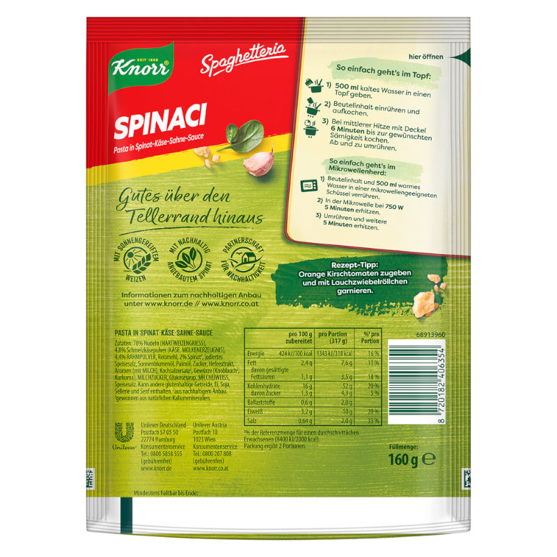 Knorr Spaghetteria Spinaci Nudel-Fertiggericht 160g – Frisch und cremig