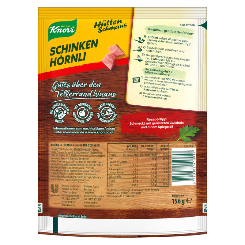 Knorr Hüttensnack Schinken Hörnli 2 Portionen – Herzhaft und schnell genossen