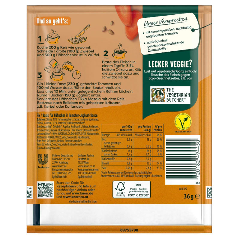 Knorr Basis Indisches Hähnchen Tikka Masala 3 Portionen – Aromatischer Genuss im Handumdrehen!