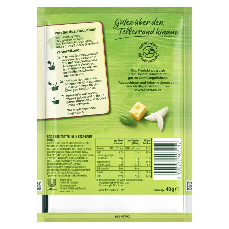 Knorr Basis Tortellini in Käse-Rahm-Sauce 3 Portionen – Cremiger Genuss mit Pasta!