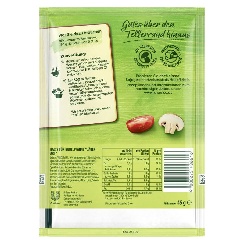 Knorr Basis Nudelpfanne "Jäger Art" 3 Portionen – Herzhaft und voller Geschmack!