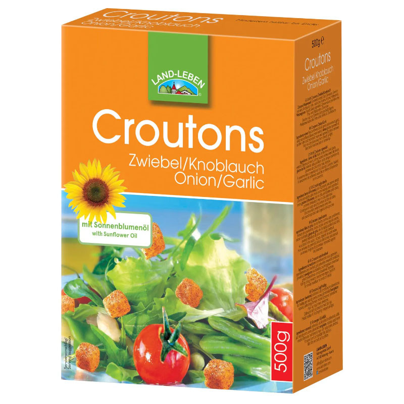 Land-Leben Croutons Zwiebel/Knoblauch 500 g – Knusprige Croutons mit Zwiebel- und Knoblauch
