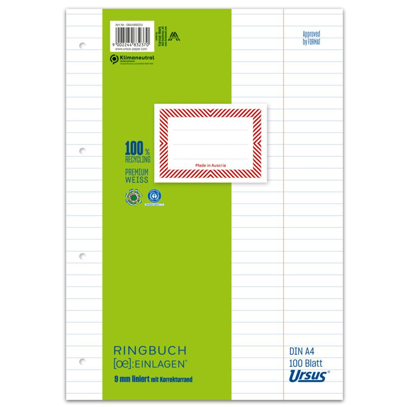 Ursus OE Ringbucheinlagen A4 100 Blatt 70g/qm 9mm liniert mit KR 4-Loch