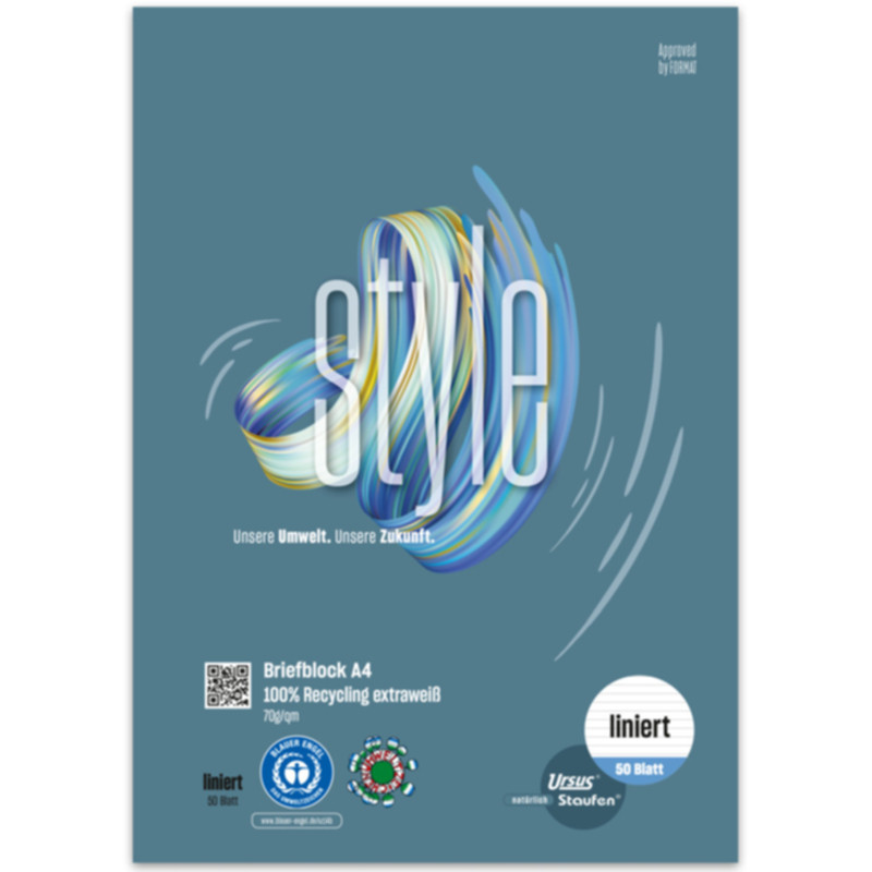 URSUS Style RECYCLING Notizblock A4 kariert – 50 Blatt, 100 % Recyclingpapier, klimaneutral & kopfgeleimt